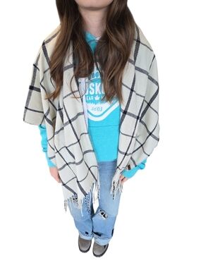 L&P Apparel Ivory Plaid Open-Front Fringe Shawl Poncho New With Tags